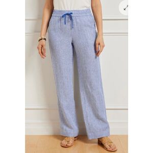 Talbots WASHED LINEN WIDE LEG PANTS Blue STRIPE Small Petite SP Coastal Boho